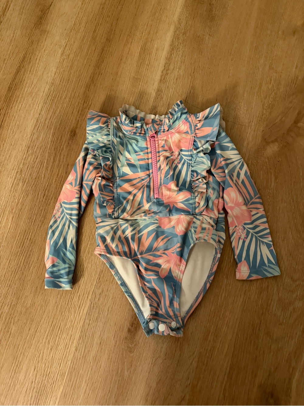 Tommy Bahamas Girls Tropical Floral Long Sleeve One-Piece Swimsuit - Pink & Blue